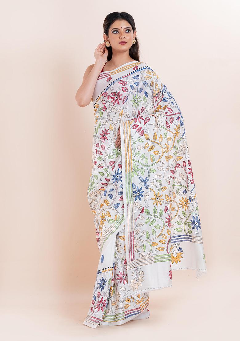White Kantha Work Blended Silk Saree Set