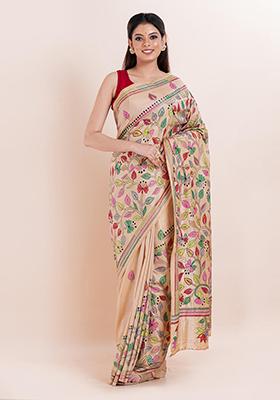 Beige Kantha Work Blended Silk Saree Set