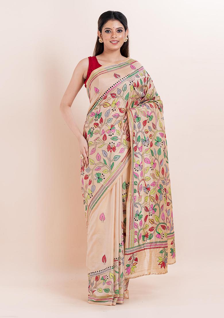 Beige Kantha Work Blended Silk Saree Set