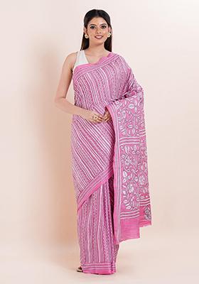 Pink Kantha Work Blended Silk Saree Set