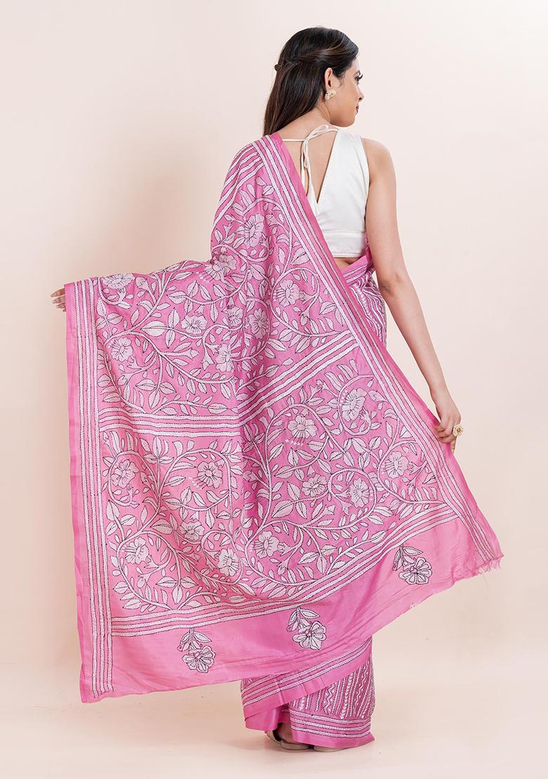 Pink Kantha Work Blended Silk Saree Set