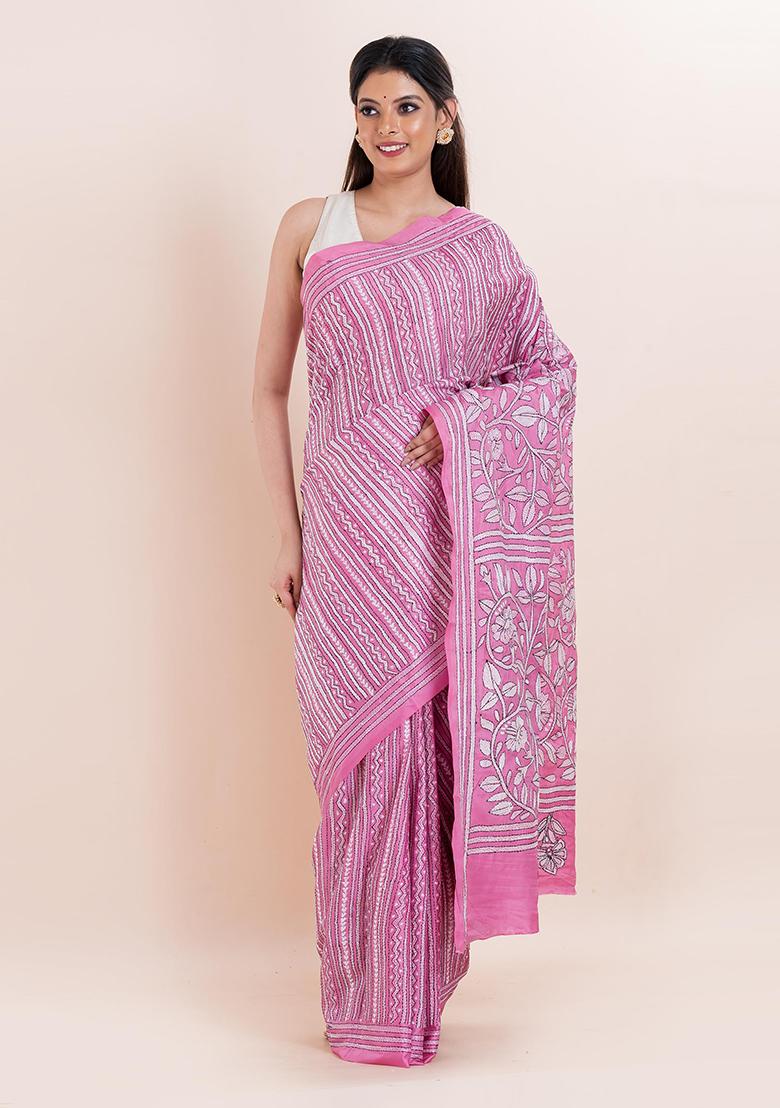 Pink Kantha Work Blended Silk Saree Set