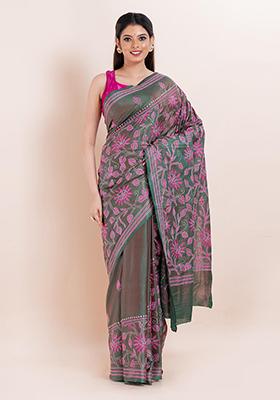 Multicolour Kantha Work Blended Silk Saree Set