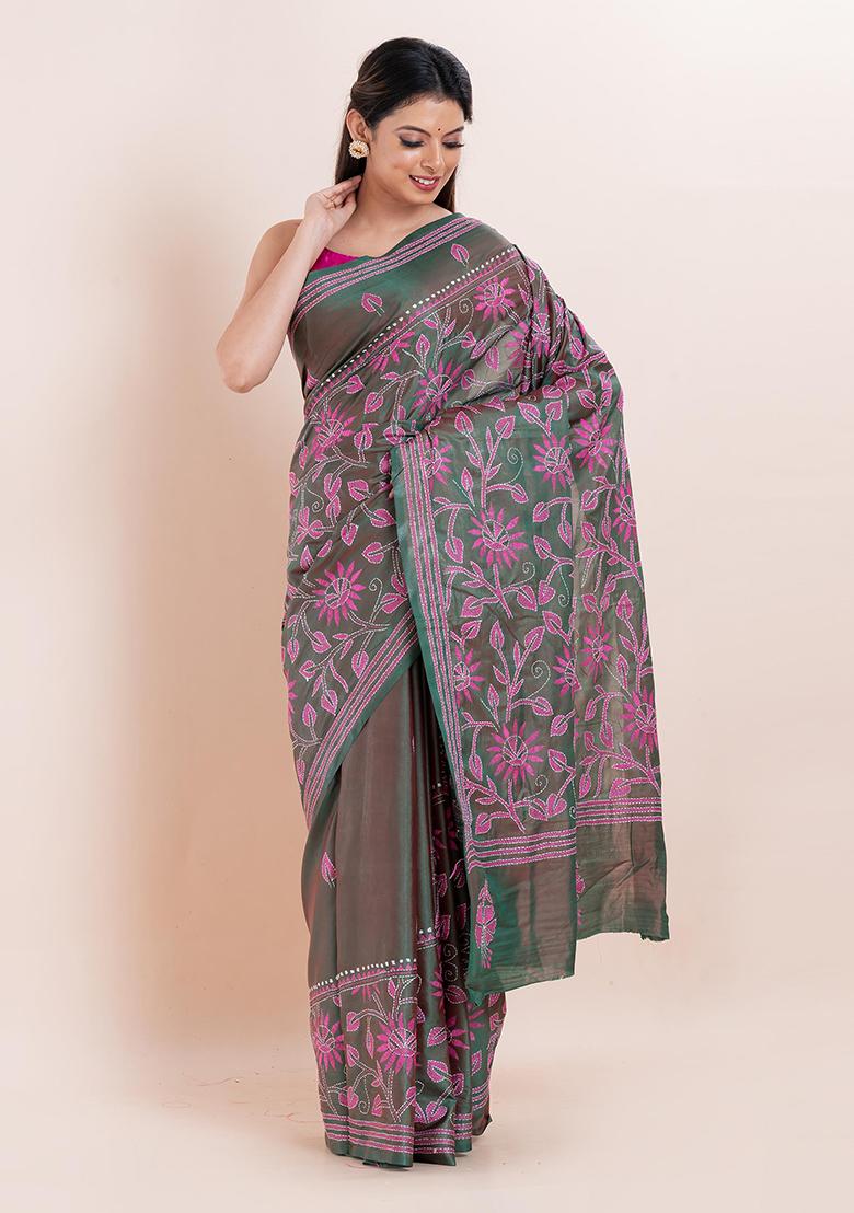 Multicolour Kantha Work Blended Silk Saree Set