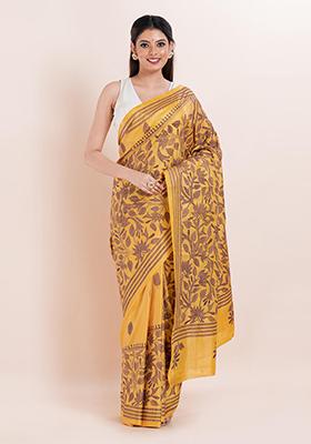 Mustard Yellow Kantha Work Blended Silk Saree Set