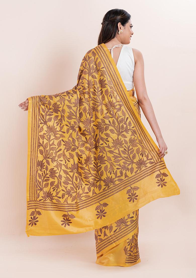 Mustard Yellow Kantha Work Blended Silk Saree Set