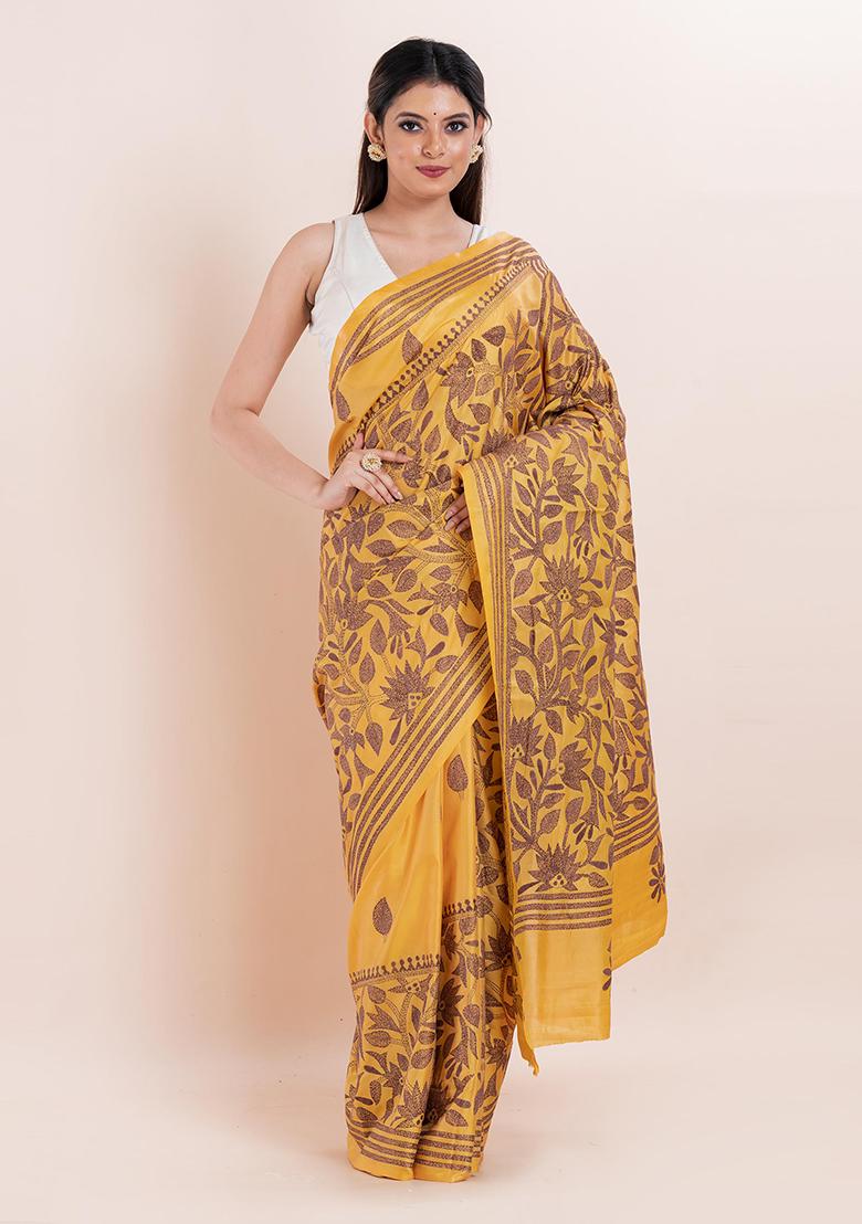 Mustard Yellow Kantha Work Blended Silk Saree Set
