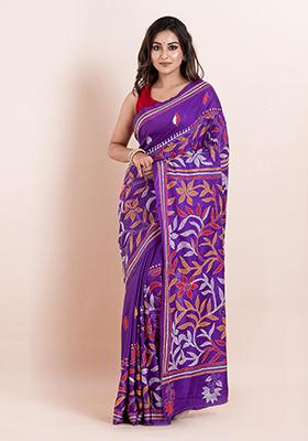 Multicolour Kantha Work Blended Silk Saree Set