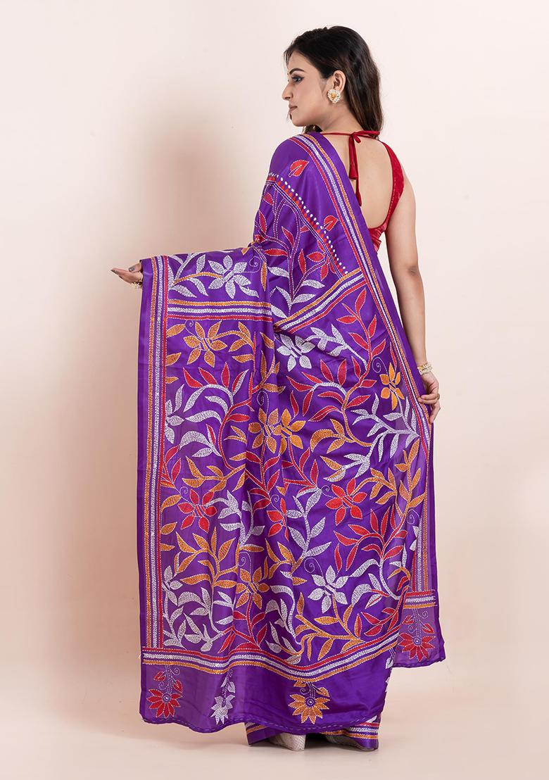 Multicolour Kantha Work Blended Silk Saree Set
