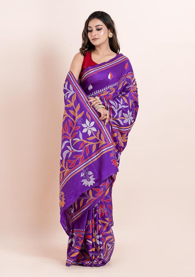 Multicolour Kantha Work Blended Silk Saree Set
