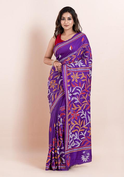 Multicolour Kantha Work Blended Silk Saree Set