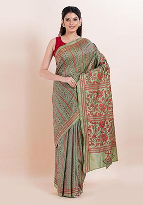 Green Kantha Work Blended Silk Saree Set