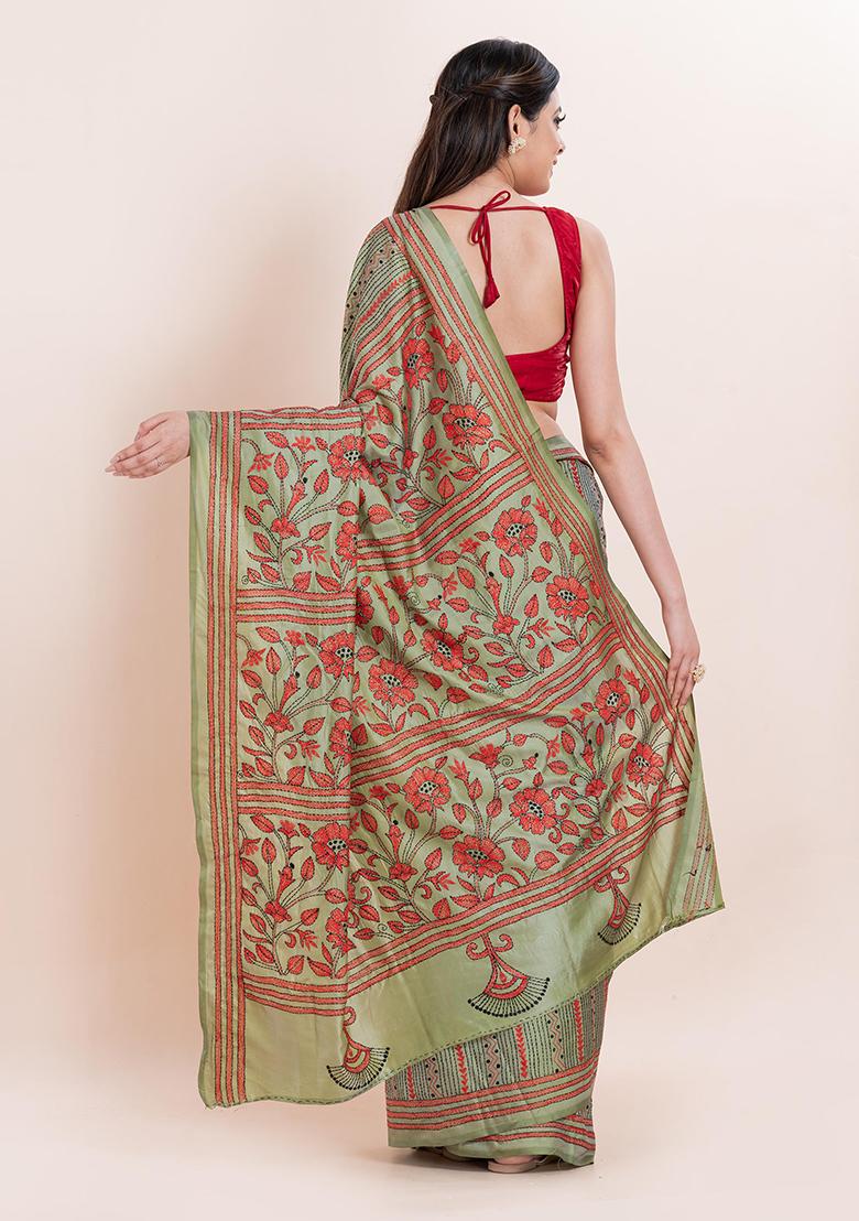 Green Kantha Work Blended Silk Saree Set