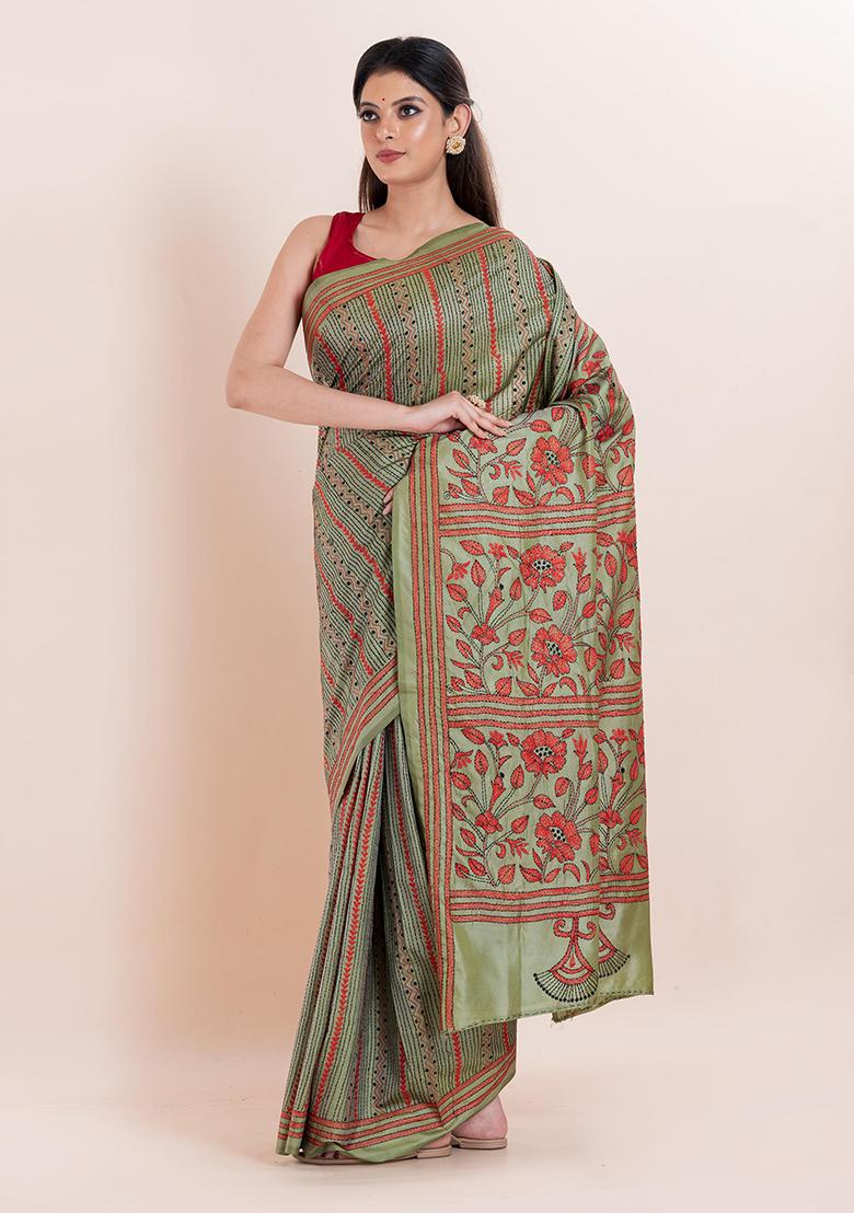 Green Kantha Work Blended Silk Saree Set