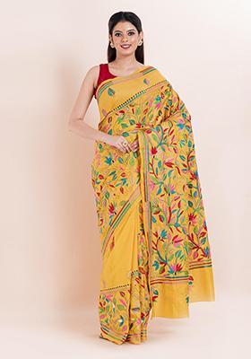 Yellow Kantha Work Blended Silk Saree Set