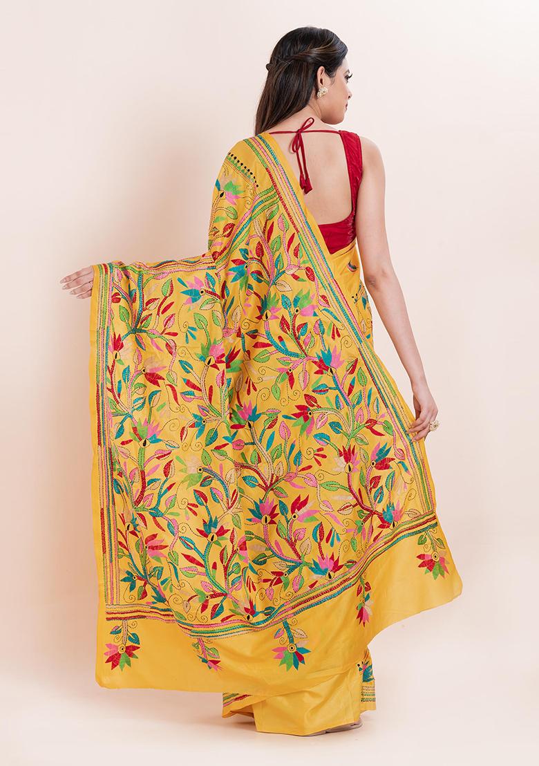 Yellow Kantha Work Blended Silk Saree Set