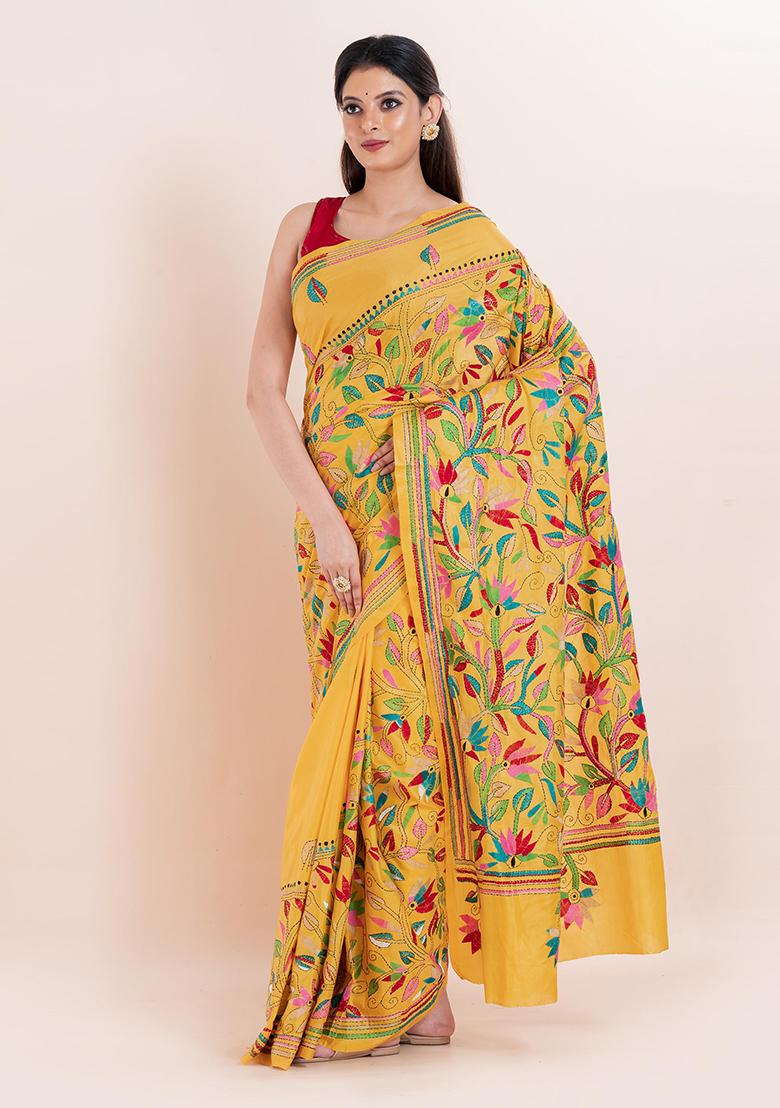 Yellow Kantha Work Blended Silk Saree Set