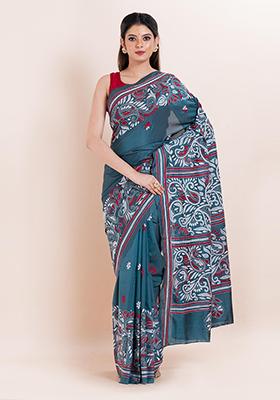 Teal Blue Kantha Work Blended Silk Saree Set