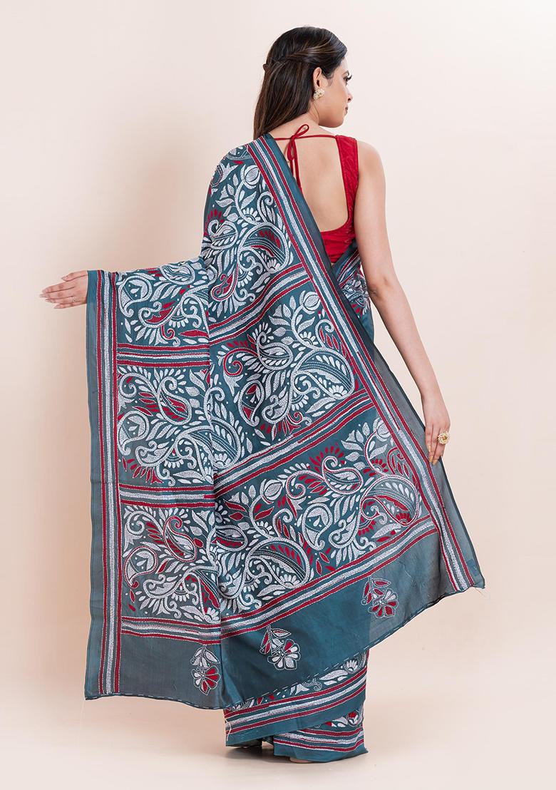 Teal Blue Kantha Work Blended Silk Saree Set