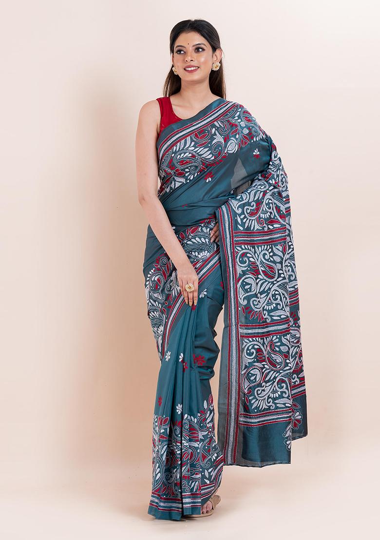 Teal Blue Kantha Work Blended Silk Saree Set