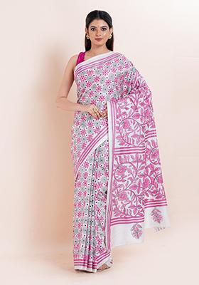 White Kantha Work Blended Silk Saree Set
