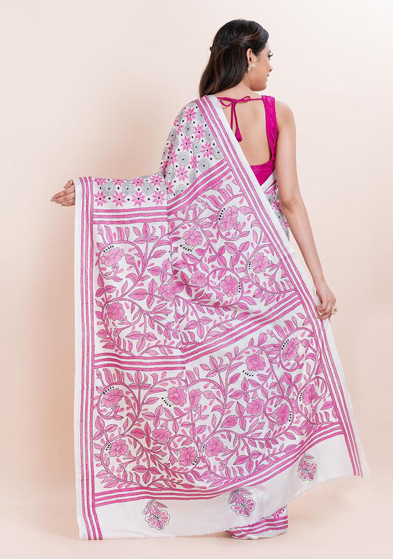 White Kantha Work Blended Silk Saree Set