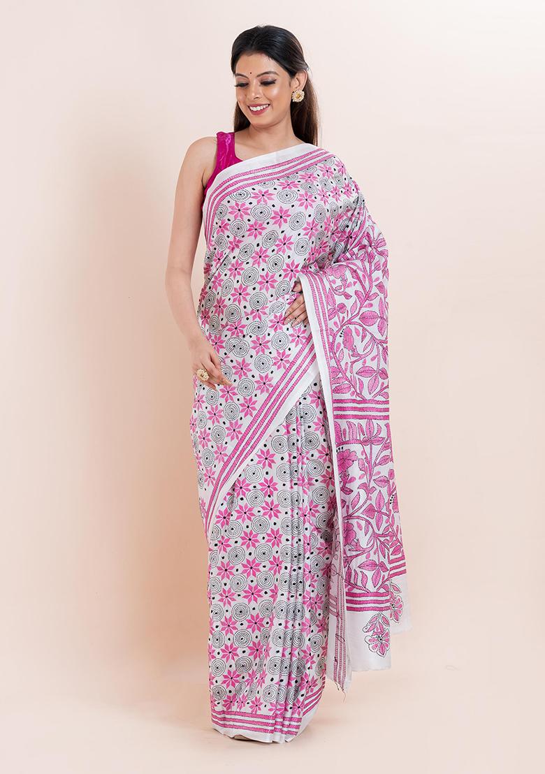 White Kantha Work Blended Silk Saree Set