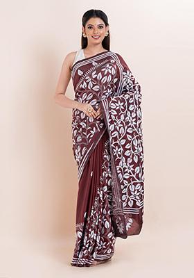 Maroon Kantha Work Blended Silk Saree Set