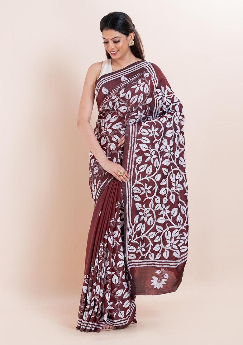 Maroon Kantha Work Blended Silk Saree Set