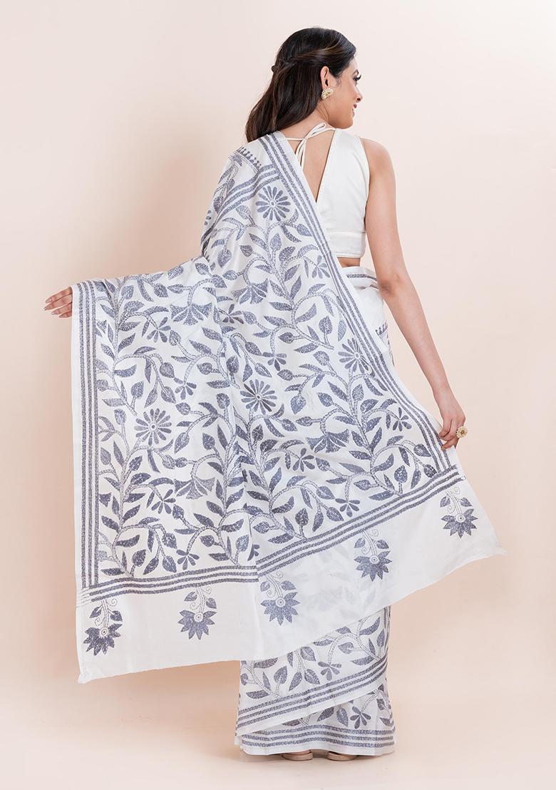 White Kantha Work Blended Silk Saree Set