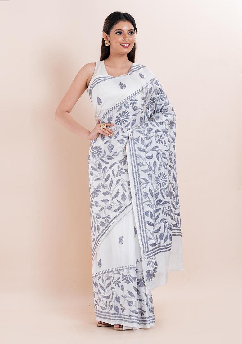 White Kantha Work Blended Silk Saree Set