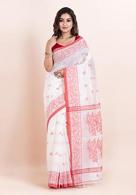 Off White Embroidered Cotton Saree Set