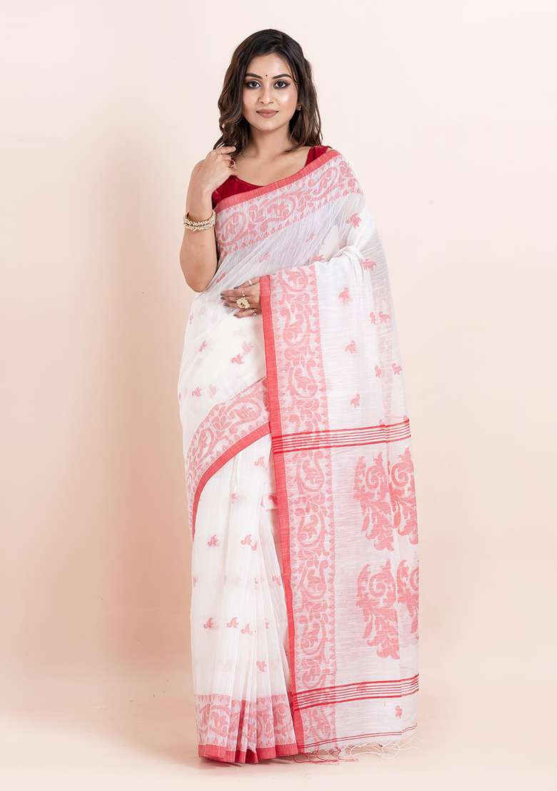 Off White Embroidered Cotton Saree Set - Indya