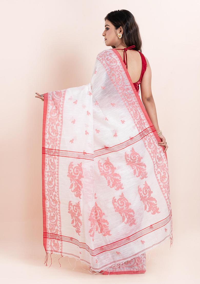 Off White Embroidered Cotton Saree Set