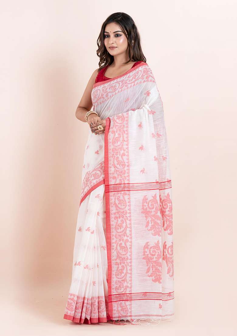 Off White Embroidered Cotton Saree Set - Indya