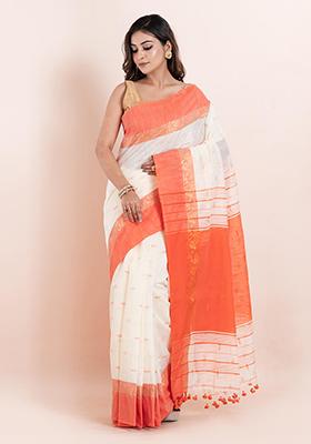 Off White Embroidered Cotton Saree Set