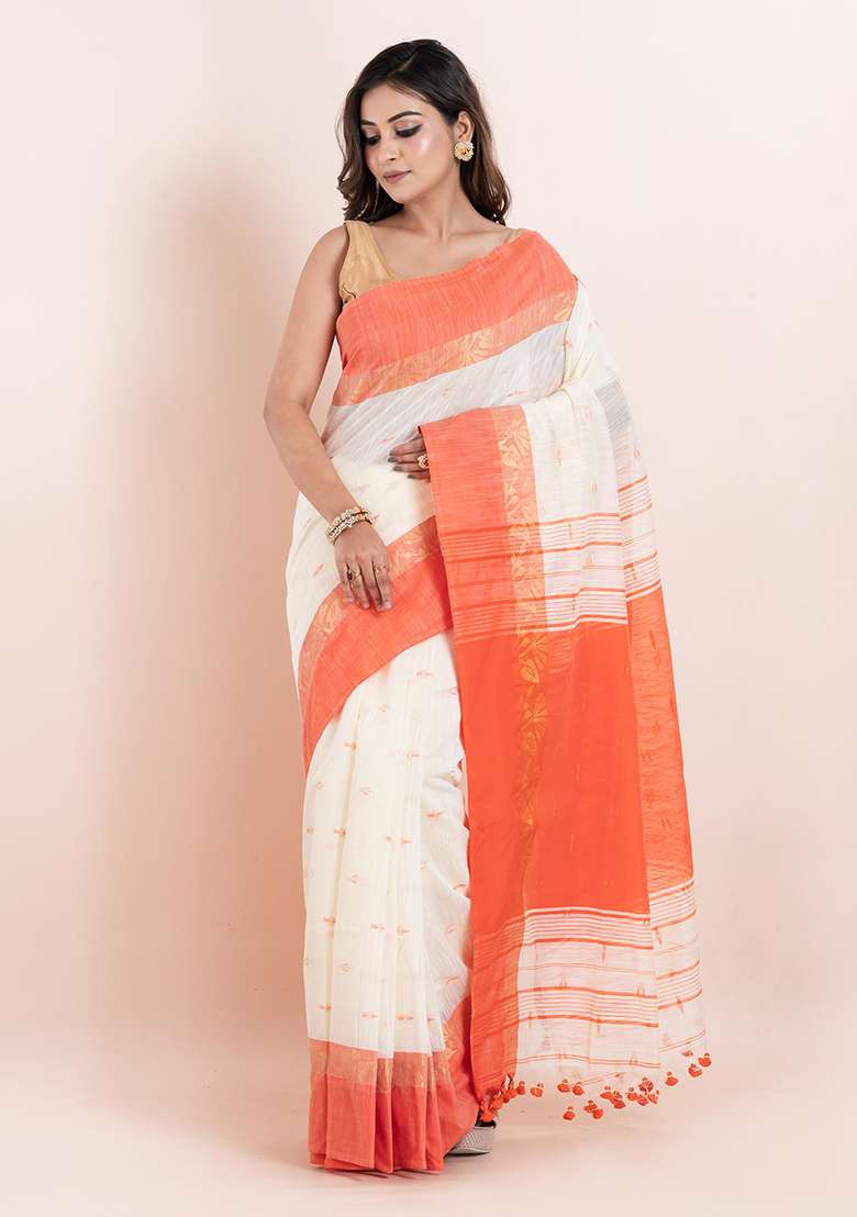 Off White Embroidered Cotton Saree Set - Indya