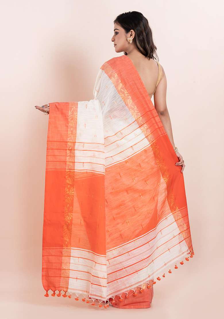Off White Embroidered Cotton Saree Set - Indya
