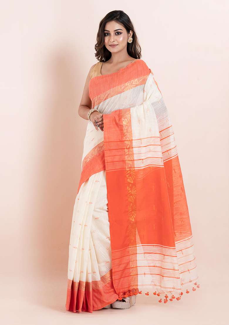 Off White Embroidered Cotton Saree Set - Indya