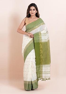 Off White Embroidered Cotton Saree Set