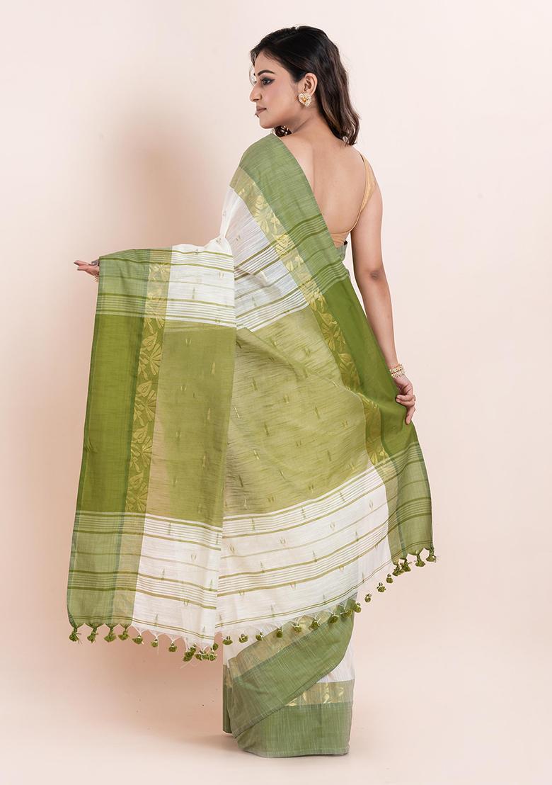 Off White Embroidered Cotton Saree Set