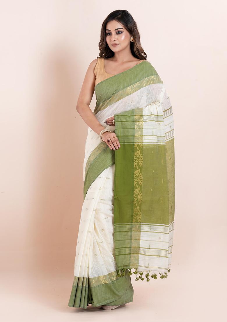 Off White Embroidered Cotton Saree Set