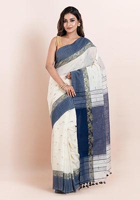 Off White Embroidered Cotton Saree Set