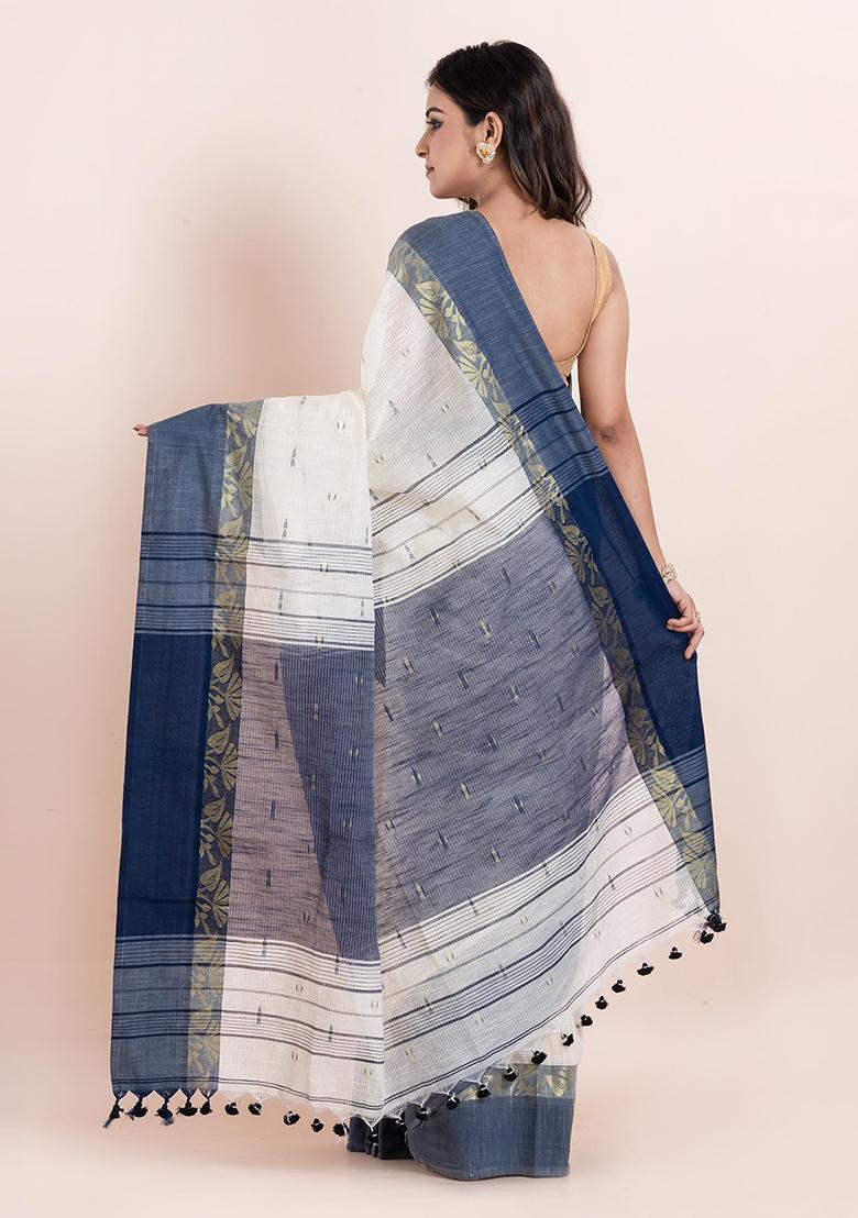 Off White Embroidered Cotton Saree Set