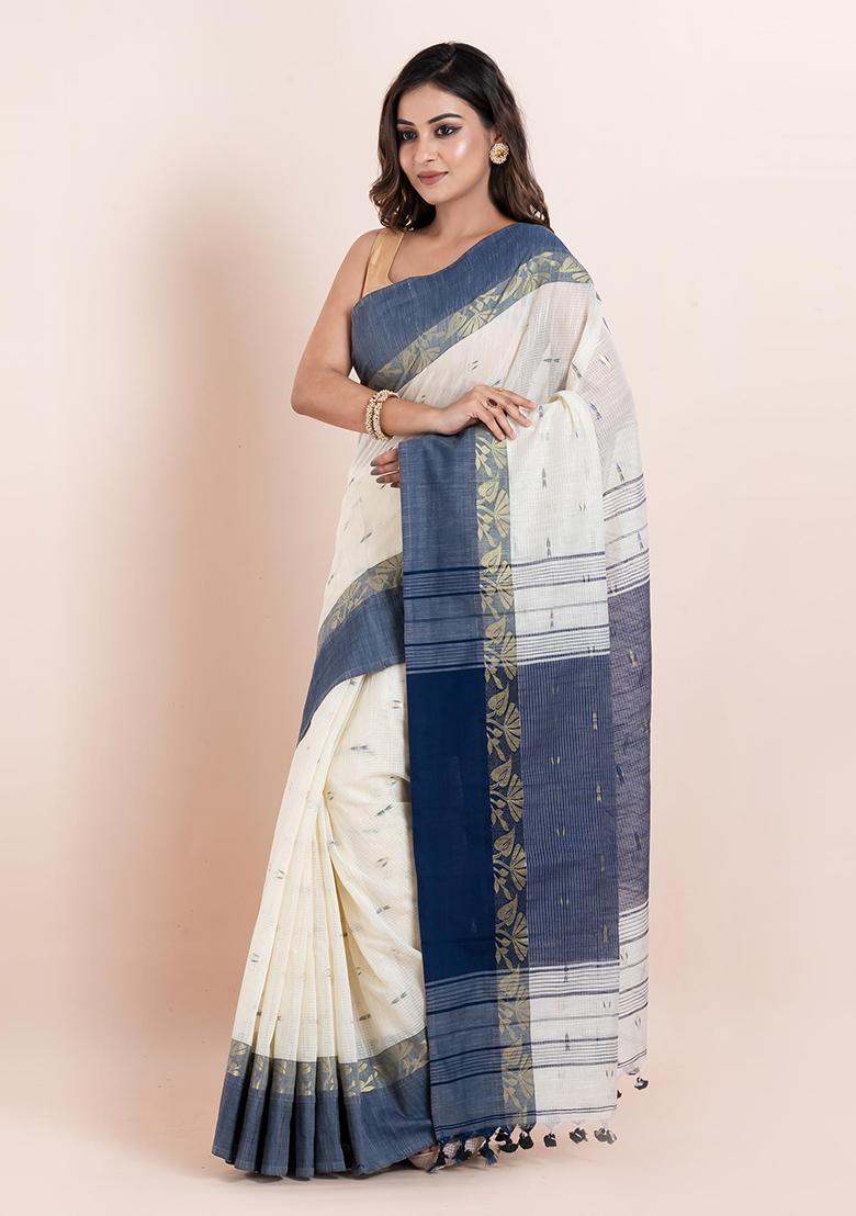 Off White Embroidered Cotton Saree Set