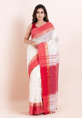 Off White Embroidered Cotton Saree Set
