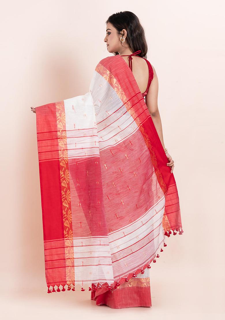 Off White Embroidered Cotton Saree Set