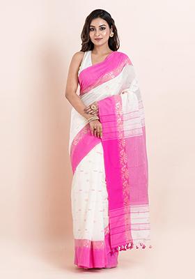Off White Embroidered Cotton Saree Set
