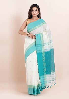 Off White Embroidered Cotton Saree Set