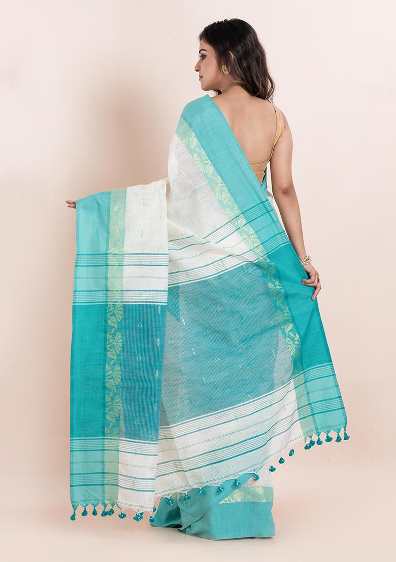 Off White Embroidered Cotton Saree Set